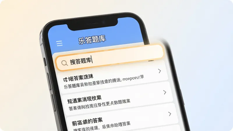 一张展示“乐答题库”搜索功能的界面图,画面中手机屏幕显示搜索框内输入了关键词,下方弹出多条匹配的题目列表和答案预览,界面布局清晰,搜索框高亮显示,背景是简约的浅色渐变,风格现代扁平,画质干净无多余元素