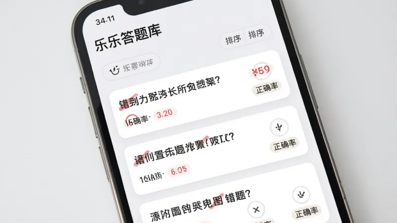 一张展示“乐答题库”错题本界面的图片,手机屏幕显示错题列表,每道题旁边有红色标记和正确率提示,界面采用卡片式布局,顶部有筛选和排序按钮,背景是柔和的浅灰色,风格简洁清爽,画质干净,无多余装饰元素