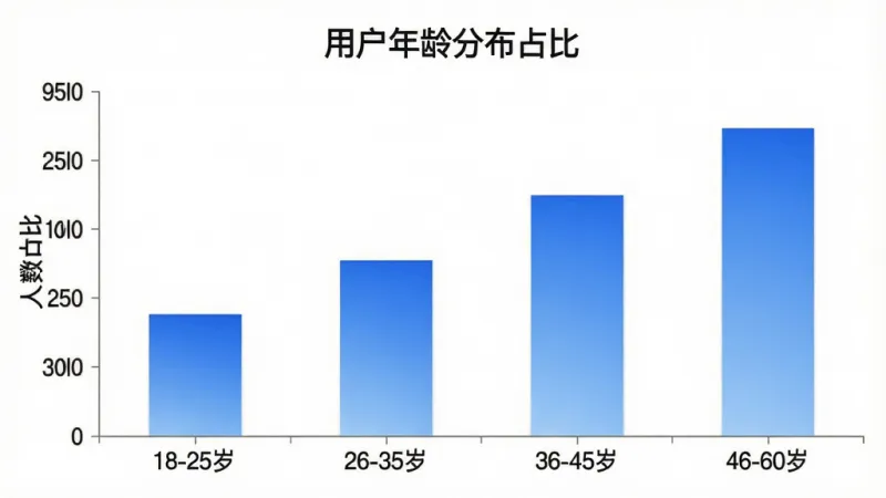一张柱状图展示“乐答题库”用户年龄分布,横轴标注年龄段“18-25岁”“26-35岁”“36-45岁”“46-60岁”,纵轴标注人数占比,柱状颜色为蓝色渐变,图表标题为“用户年龄分布占比”,背景白色,风格简洁商务,画质干净无多余元素