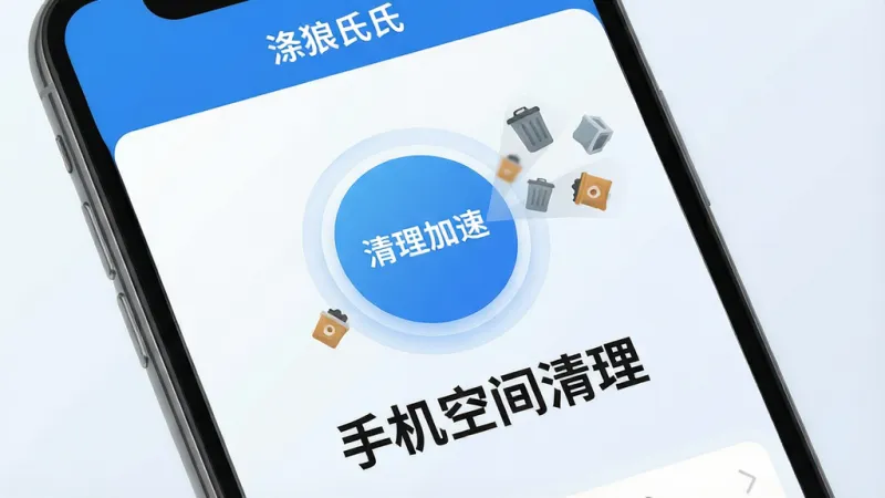 一张手机屏幕特写，屏幕中央是“涤狼氏”App的主界面，界面设计简洁，以蓝白配色为主，中间显示一个圆形的清理加速按钮，按钮下方用大号字体标注“手机空间清理”，背景是浅色渐变，周围有细小的垃圾图标被吸入圆环的动画效果，风格现代扁平，画质干净清晰，无多余元素