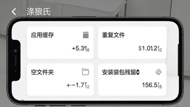 手机屏幕显示涤狼氏App的深度扫描结果页面，界面分为多个卡片区域，分别标注“应用缓存”“重复文件”“空文件夹”“安装包残留”，每个卡片右侧显示可清理的文件大小，整体布局清晰，风格简洁扁平，画质干净无多余元素，屏幕上方有“涤狼氏”字样