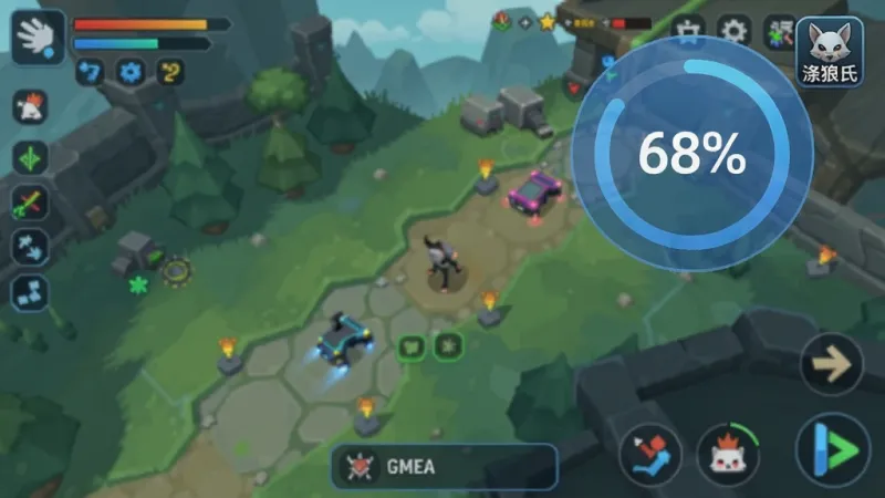 一张手机游戏界面截图，右上角有一个半透明的蓝色圆形悬浮球，球上显示“68%”内存占用率，悬浮球旁边有“涤狼氏”小图标，背景是游戏画面，整体风格科技感、扁平化，画质干净清晰