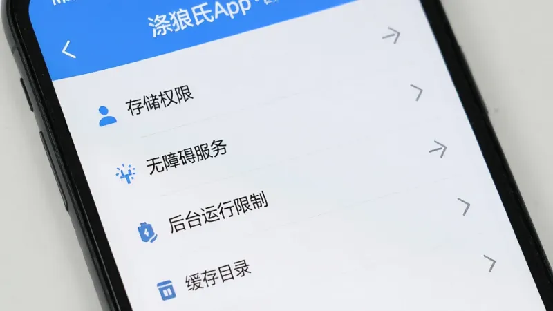 手机屏幕显示涤狼氏App的设置页面，包含“存储权限”“无障碍服务”“后台运行限制”“缓存目录”等选项，界面风格简洁，蓝白配色，画质清晰干净，无多余元素