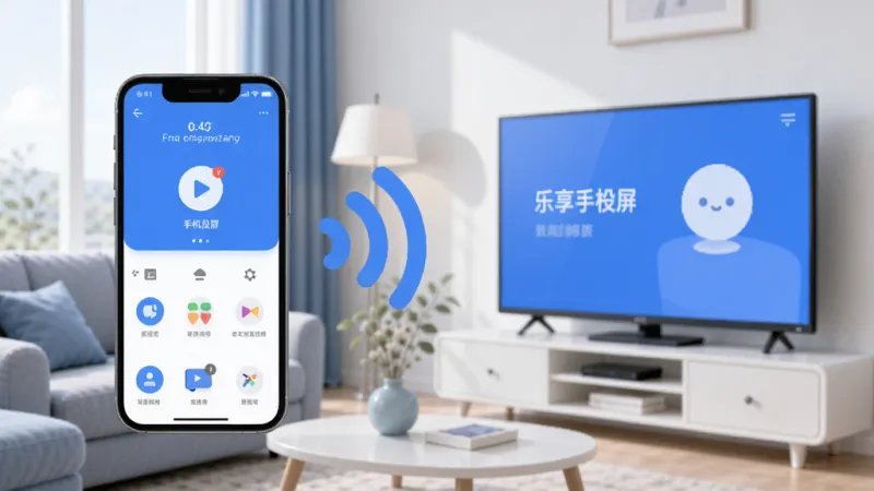 手机投屏软件乐享手机投屏主界面展示,手机屏幕与电视大屏之间用无线信号连接,界面简洁,蓝白配色,客厅场景,现代扁平风格,细节圆润,画质干净无多余元素