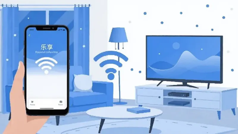 乐享手机投屏无线连接示意图,手机与电视之间用WiFi信号图标连接,客厅环境,简洁扁平插画风格,蓝白色调,画面干净
