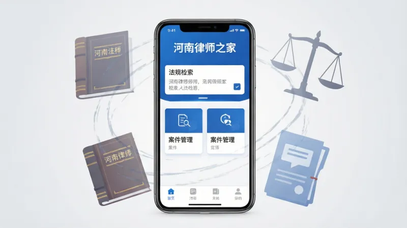 画面中央是一部竖屏智能手机，手机屏幕上显示着“河南律师之家”的APP主界面，界面采用蓝白配色，顶部有“河南律师之家”字样，中间是法规检索框和案件管理卡片，底部是导航栏。手机周围环绕着法律书籍、天平、卷宗等半透明元素，背景是干净的浅灰色渐变，整体风格现代扁平，画质清晰干净，无多余元素。