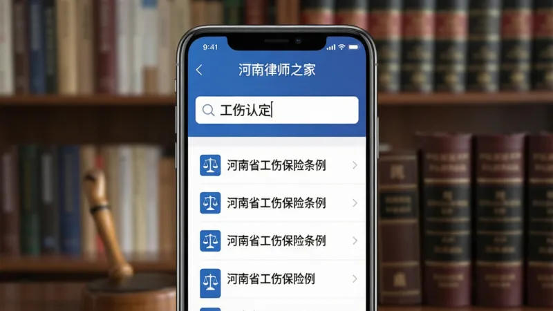 一张展示“河南律师之家”APP法规检索界面的手机截图，屏幕中央是一个搜索框，里面输入了“工伤认定”四个字，下方整齐排列着《河南省工伤保险条例》等文件列表，每个文件前面有蓝色的法律图标。背景是虚化的书架和法典，风格简洁商务，画质干净。