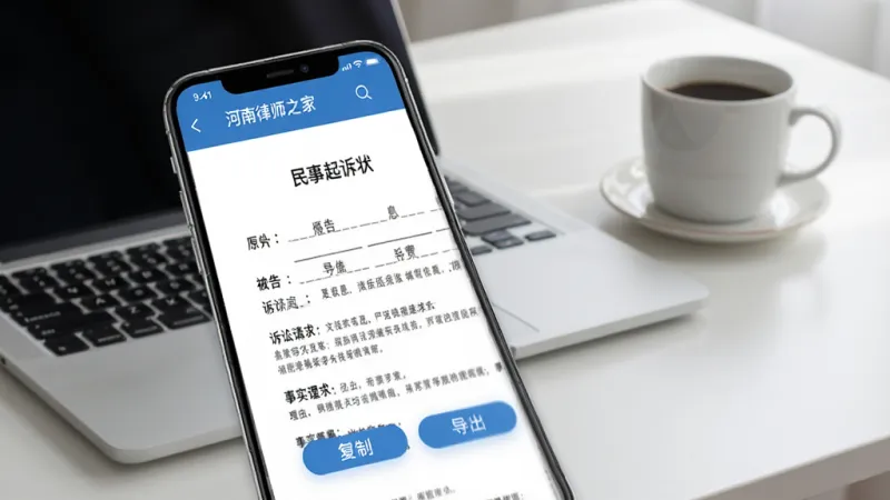 手机屏幕显示“河南律师之家”APP的文书模板界面，屏幕上展示着“民事起诉状”的模板文档，文档有标题、原告被告信息栏、诉讼请求、事实与理由等段落，文档旁边有“复制”和“导出”按钮。背景是干净的办公桌面，有笔记本电脑和咖啡杯，风格写实清晰。