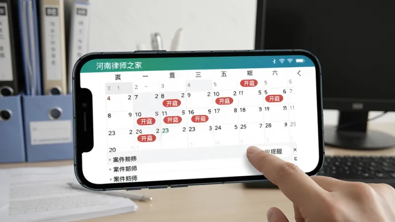 一部手机横屏显示“河南律师之家”APP的日程管理界面，屏幕上是一个日历视图，几个日期上标记了红色的“开庭”标签，下方有案件名称列表。画面中有一只手正在点击屏幕上的提醒按钮，背景是律所的办公桌，有文件架和电脑显示器，风格真实自然，画质清晰。