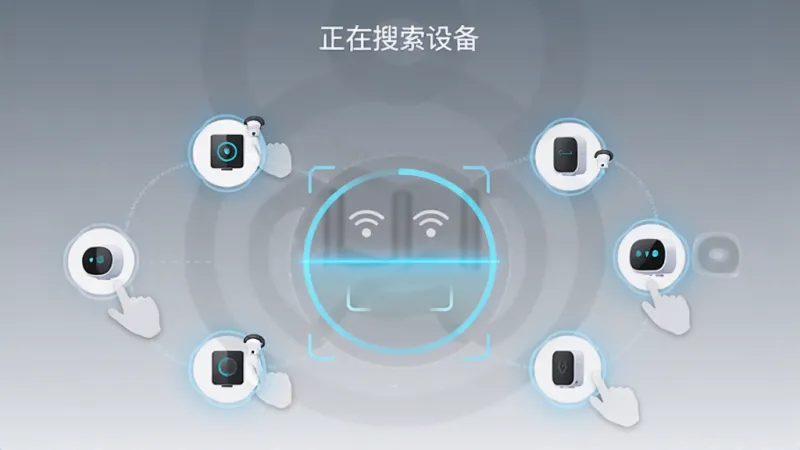 IOTMGR应用内设备扫描界面,画面中间是一个圆形扫描动画,周围散落着不同品类的智能设备图标被逐一发现并高亮,顶部显示“正在搜索设备”字样,背景为浅灰色渐变,风格科技简洁,细节干净,画质清晰无杂乱元素