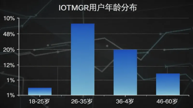 一张柱状图展示IOTMGR用户年龄分布,横轴为年龄段18-25岁、26-35岁、36-45岁、46-60岁,纵轴为用户占比百分比,柱体分别为18%、42%、28%、12%,配色为蓝色渐变,图表标题为“IOTMGR用户年龄分布”,风格简洁数据可视化,画质干净无多余元素