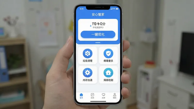 一张手机应用主界面的展示图,画面中央是名为“安心管家”的APP界面,整体采用蓝白配色,顶部显示手机安全评分和“一键优化”大按钮,中间排列着垃圾清理、病毒查杀、内存加速、网络检测四个功能图标,底部是导航栏,风格简洁现代,图标圆润,画质干净清晰,无多余元素