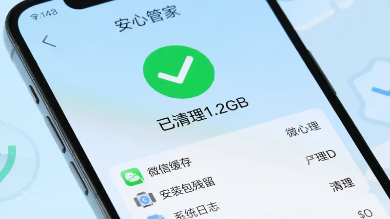 一部智能手机屏幕特写,屏幕上显示“安心管家”的清理完成界面,中间是一个大大的绿色对勾和“已清理1.2GB”字样,下方列出“微信缓存”“安装包残留”“系统日志”等分类清理明细,背景是浅蓝色渐变,整体风格清爽干净,画质细腻,无杂乱元素