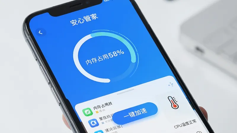 手机屏幕显示“安心管家”的内存加速界面,画面中间是一个圆环进度条显示“内存占用58%”,下方列出正在运行的应用列表和“一键加速”按钮,右侧有温度计图标显示“CPU温度正常”,整体配色以蓝白为主,风格科技感十足但不过度花哨,画质清晰干净