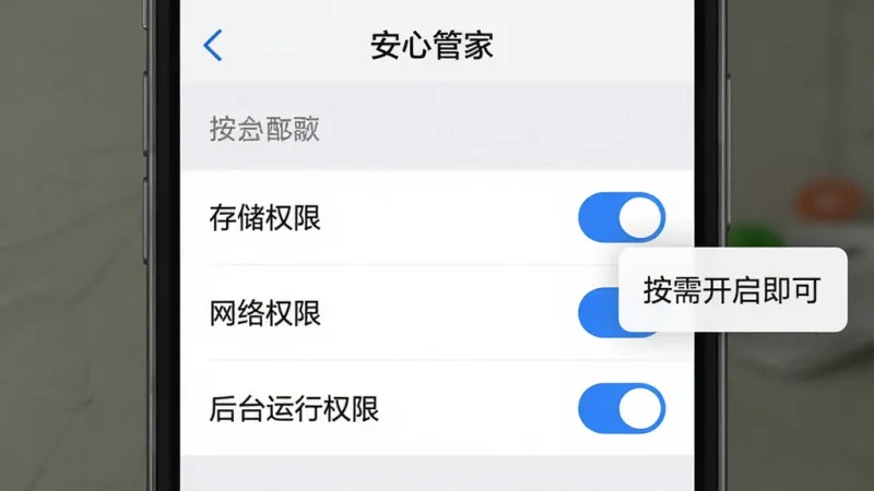 一张手机屏幕截图,展示“安心管家”的权限管理页面,列表中显示“存储权限”“网络权限”“后台运行权限”等选项,部分权限已开启显示为蓝色开关,画面右侧有一个提示框写着“按需开启即可”,整体界面干净整洁,风格扁平化,画质清晰