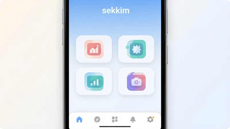 一张展示sekkim软件整体界面的效果图,主体为一部安卓手机屏幕,屏幕中央显示sekkim应用主界面,布局简洁,顶部有软件名称“sekkim”字样,中间排列几个功能图标,底部为导航栏,整体排版清爽,风格为现代扁平化设计,细节圆润,画质干净清晰,无多余元素,背景为浅色渐变