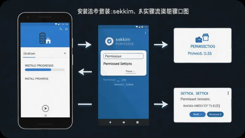 一张展示安卓手机安装sekkim过程的步骤示意图,主体为手机屏幕特写,画面中显示安装进度条和权限设置界面,排版清晰展示安装流程的各个步骤,风格为扁平化信息图风格,配色以蓝白为主,细节简洁明了,画质干净无杂乱元素