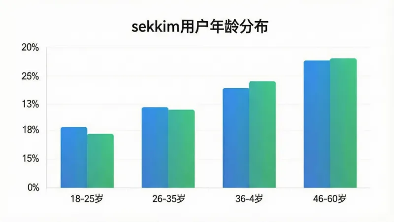一张展示sekkim用户年龄分布的柱状图,主体为图表画面,横轴为年龄段分为18-25岁、26-35岁、36-45岁、46-60岁四个区间,纵轴为用户占比百分比,柱状图配色为蓝绿渐变,图表上方标注“sekkim用户年龄分布”字样,风格为简洁数据可视化风,背景为白色,画质清晰干净,无多余元素