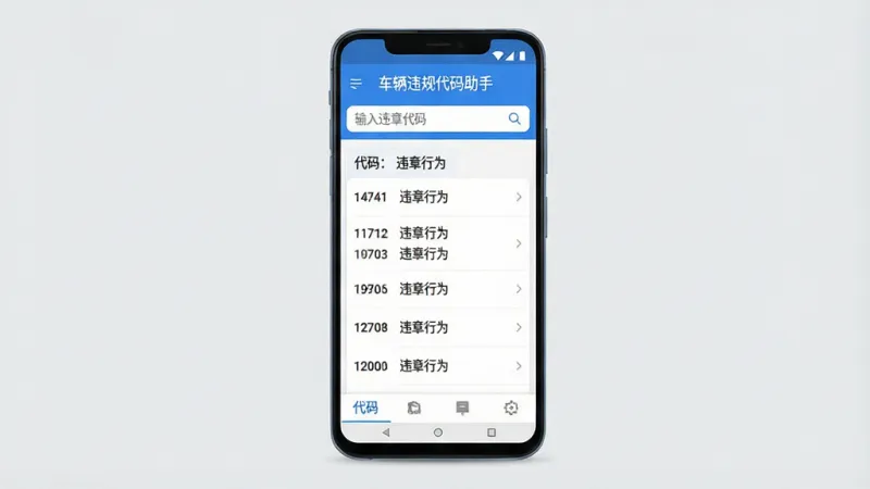 一张手机应用界面展示图,画面中央是一部竖屏安卓手机,屏幕里显示“车辆违规代码助手”的主界面,顶部是搜索框写着“输入违章代码”,中间是清晰的代码查询结果列表,包含代码数字与对应的违章行为描述文字,底部是简洁的选项卡,整体布局干净整洁,蓝白配色为主,风格现代扁平化,细节圆润无杂乱元素,画质清晰明亮,背景为纯色浅灰,无多余装饰