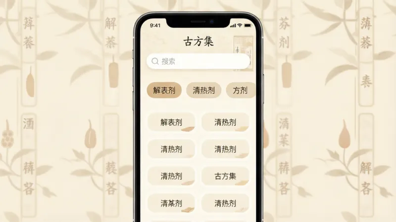一张手机应用界面截图，画面中央是手机屏幕，屏幕内显示“古方集”应用首页，顶部有搜索框，下方分类展示“解表剂”“清热剂”等方剂标签，背景为淡雅的米黄色中医风格，整体布局简洁清晰，风格现代扁平，细节圆润，画质干净无多余元素