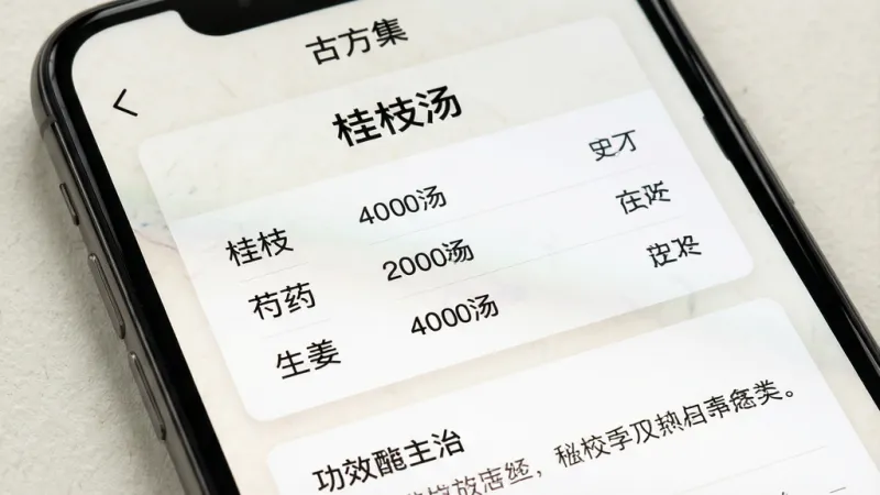 一张手机屏幕特写，屏幕内展示“古方集”方剂详情页面，上方显示方剂名称“桂枝汤”，中间以列表形式清晰列出“桂枝”“芍药”“生姜”等药材组成及用量，下方为功效主治说明，界面采用卡片式设计，背景为浅色纹理，风格简洁专业，画质干净无多余元素
