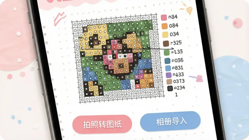 一张展示拼豆图纸模拟软件核心界面的图片，画面主体为手机屏幕，屏幕中央显示一张已转换完成的拼豆图纸，图纸上有清晰的网格线和彩色像素方块，旁边标注着对应的色号和豆子数量，屏幕下方有拍照转图纸和相册导入两个按钮，整体布局简洁，浅色背景搭配柔和的粉色和蓝色点缀，风格偏向手账风，细节干净圆润，画质清晰无多余元素