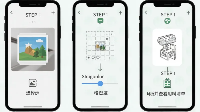 拼豆图纸模拟软件的操作步骤示意图，画面以手机屏幕形式展示三个步骤，第一步为从相册选择图片，第二步为调整格子密度滑块，第三步为导出图纸并查看用料清单，每一步配有小图标和简短文字说明，整体排版为竖向流程式，风格扁平清新，背景为浅色，画质干净无多余元素