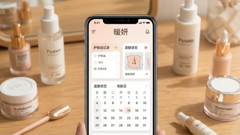 一张展示暖妍软件核心界面的手机样机图,画面中央是手机屏幕,屏幕内显示暖妍APP的主页,主页顶部有“暖妍”二字的Logo,中间是护肤品记录卡片和皮肤状态日历,布局清晰,背景是温馨的暖色调桌面,旁边散落着几瓶护肤品,风格清新简约,细节精致,画质干净,无多余元素