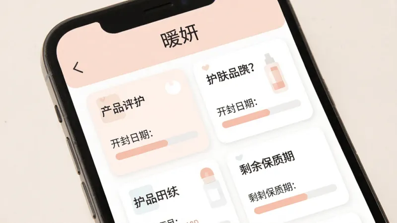 一张暖妍护肤档案管理界面的特写图,手机屏幕显示护肤品列表,每个产品卡片上有产品名称、开封日期和剩余保质期进度条,屏幕上方有“暖妍”标题,画面风格现代扁平,色彩柔和,背景干净,画质清晰,无杂乱元素