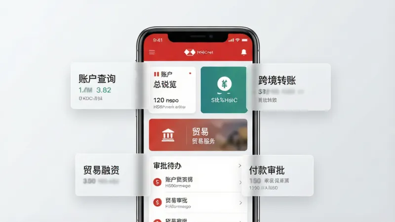 一张展示HSBCnet移动端企业银行应用界面的整体效果图,画面中央是一部智能手机,手机屏幕上显示HSBCnet应用的主界面,包含账户总览卡片、转账图标、贸易服务入口和审批待办列表,手机周围漂浮着几个半透明的数据面板,分别标注“账户查询”“跨境转账”“贸易融资”“付款审批”,背景是干净的浅灰色渐变,风格现代扁平化,细节清晰,画质干净,无多余元素