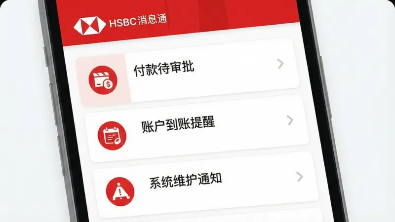 一张展示HSBCnet消息通知中心界面的示意图,画面中手机屏幕显示消息列表,包含“付款待审批”“账户到账提醒”“系统维护通知”等条目,每条消息左侧有对应图标,界面配色以汇丰红和白色为主,背景干净整洁,风格现代扁平,细节清晰,画质干净,无多余元素
