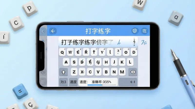 一张展示打字练字软件核心全貌的场景图，画面主体是一部安卓手机横屏放置，屏幕中央显示打字练字App的练习界面，界面顶部有“打字练字”四个字的标题，中间是虚拟键盘和上方滚动的练习文本，底部有速度、准确率的数据条，手机周围散落着几个字母键帽和一支笔，背景是浅蓝色渐变，整体布局简洁明了，风格现代扁平化，细节圆润，画质干净清晰，无多余元素