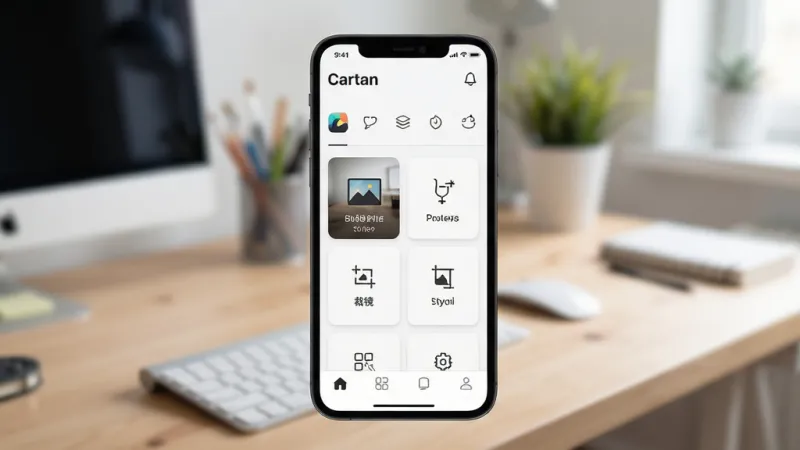 Cartan软件主界面全貌展示，画面中央是手机屏幕显示Cartan应用首页，顶部为软件名称“Cartan”和简洁的图标栏，中部是功能卡片式布局包含图像调整、滤镜、裁剪等模块入口，底部为导航栏，整体采用浅色极简风格，背景为柔和的工作台场景，画质清晰干净，无多余元素