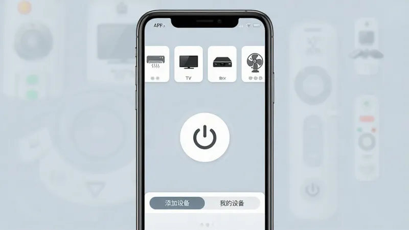一张展示万能遥控器连接APP核心界面的手机截图，画面中央是手机屏幕，屏幕上显示万能遥控器连接的主界面，顶部有空调、电视、机顶盒、风扇四个遥控器图标卡片，中间是一个大的圆形电源按钮，底部是添加设备和我的设备两个选项卡，背景是浅灰蓝色，整体风格简洁现代，画质干净清晰，无多余元素