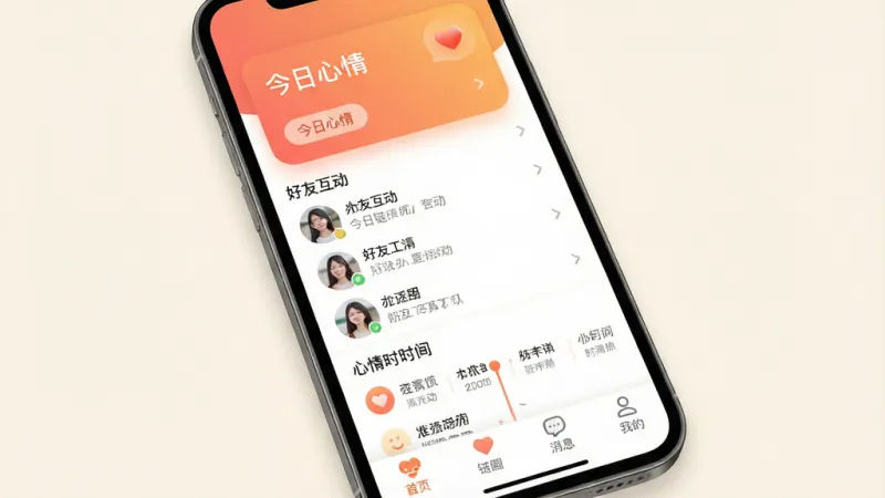 一张展示心链App核心界面的手机样机图，画面主体是一部竖屏手机，手机屏幕内显示心链App的主页，主页布局顶部是温暖的渐变色卡片显示“今日心情”记录入口，中间是好友互动列表和心情时间轴，底部为首页、链圈、消息、我的四个导航标签，整体排版简洁清晰，风格温馨治愈，细节上图标圆润、文字标签明确，画质干净高清，背景为浅色纯色无多余元素