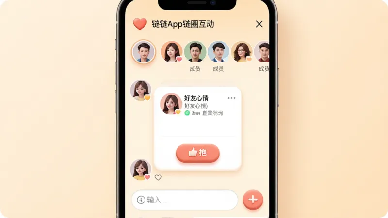 一张心链App链圈互动界面的场景图，画面主体是一部手机屏幕，屏幕内显示链圈聊天与心情互动页面，布局上方为链圈名称和成员头像横排，中间是好友心情卡片和点赞抱抱按钮，下方是输入框，排版错落有致，风格温暖治愈，细节上头像圆润、按钮有轻微立体感，画质干净清晰，背景为柔和的浅暖色无多余元素