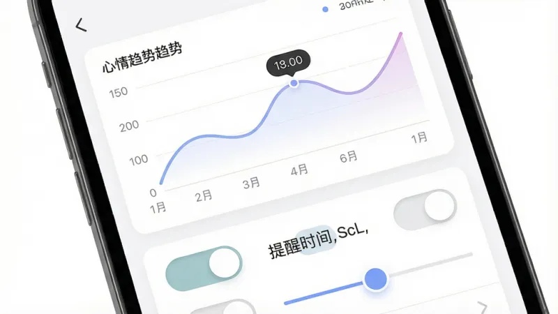 一张心链App心情统计与提醒设置界面的展示图，画面主体为手机屏幕特写，屏幕内显示心情趋势折线图和提醒时间设置面板，布局上方为统计图表区域，下方为开关和滑块控件，排版规整，风格现代简约，细节上图表线条柔和、开关控件圆润，画质干净高清，背景为纯白色无多余元素