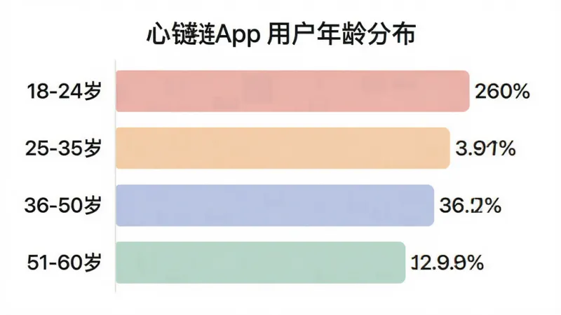 一张展示心链App用户年龄分布的柱状图，画面主体为横向柱状图，布局左侧为年龄段标签18-24岁、25-35岁、36-50岁、51-60岁，右侧为对应柱条和百分比数字，风格简洁数据可视化，细节上柱条颜色柔和、数字清晰，画质干净高清，背景为纯白色无多余元素