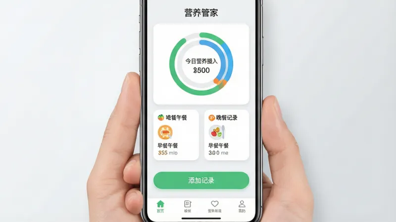 一张展示“营养管家”手机应用主界面的图片，主体是一部手持智能手机，屏幕显示应用首页，布局上方为今日营养摄入环形进度图，中间是早餐午餐晚餐记录卡片，底部为添加记录按钮和导航栏，排版居中突出手机屏幕，风格为现代扁平化UI设计，细节上环形图表有绿蓝橙三色分区，卡片边缘圆润，背景为浅灰色渐变，画质清晰干净，无多余元素