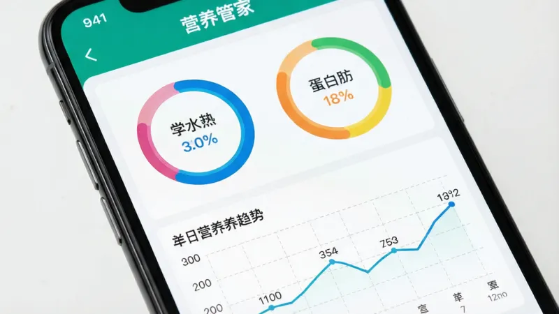 一张展示“营养管家”营养数据看板的图片，主体为手机屏幕特写，屏幕中央显示热量蛋白质脂肪碳水四项环形进度图，下方为七日营养趋势折线图，布局上下分层清晰，风格为数据可视化扁平设计，细节上环形图色彩分明，折线图有网格底纹，数值标签清晰可读，画质干净锐利，无杂乱装饰元素