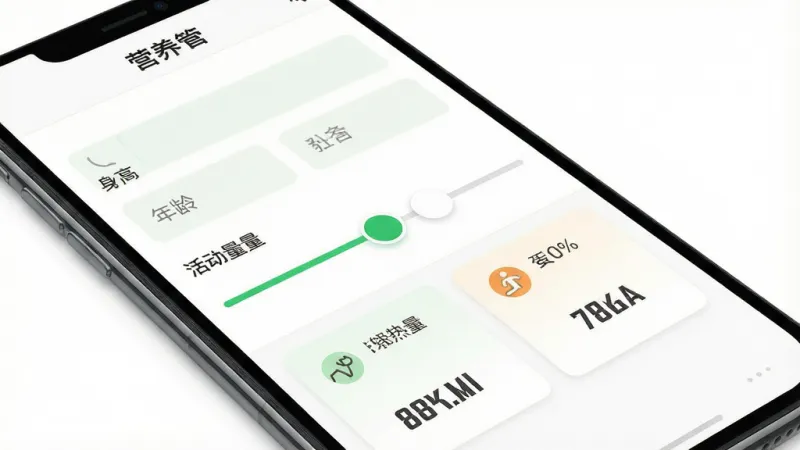 一张展示“营养管家”设置与目标定制界面的图片，主体为手机屏幕侧角度展示，屏幕显示身高体重年龄输入框和活动量选择滑块，下方为每日热量蛋白质目标数值卡片，布局纵向排列工整，风格为简洁表单式UI设计，细节上输入框有浅色底纹，滑块为绿色圆点，数值卡片带图标，画质清晰干净，背景为纯白，无多余元素