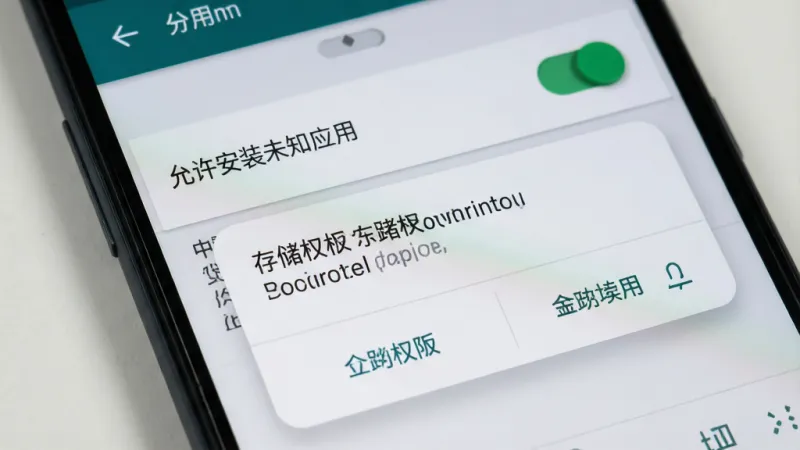一张展示安卓手机安装应用时权限设置界面的图片，主体为手机屏幕特写，屏幕显示“允许安装未知应用”的开关选项和存储权限请求弹窗，布局居中突出权限开关，风格为安卓系统原生设置界面，细节上开关为绿色开启状态，弹窗按钮清晰，画质干净无冗余信息，背景为系统灰白底色