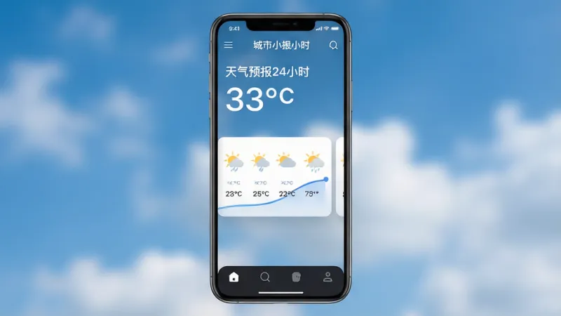一张手机应用界面展示图，画面主体是一部现代智能手机，屏幕显示一款名为“天气预报24小时”的软件主界面，顶部有明显的城市名称和当前温度数字，中间部分是用横向滑动卡片展示未来24小时的逐时天气图标与温度曲线，底部是简洁的深色导航栏，背景为蓝天白云的虚化实景图，整体风格清新现代，图标圆润，画质干净清晰，无多余文字和元素
