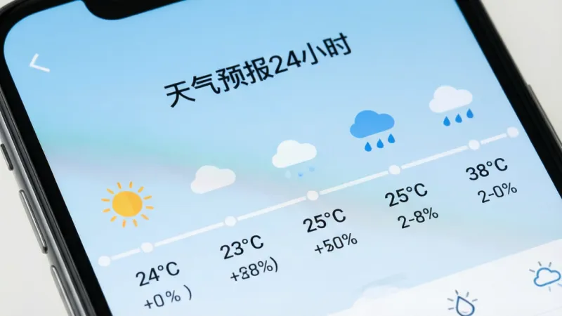 一张手机屏幕特写图，画面聚焦于“天气预报24小时”软件的逐小时预报界面，屏幕中央是一条横向时间轴，每个时间节点上方有天气图标（如太阳、云朵、雨滴），下方标注具体温度数字和降水百分比，背景为淡蓝色渐变，界面排版整齐，文字清晰，风格扁平化，画质干净，无多余装饰元素