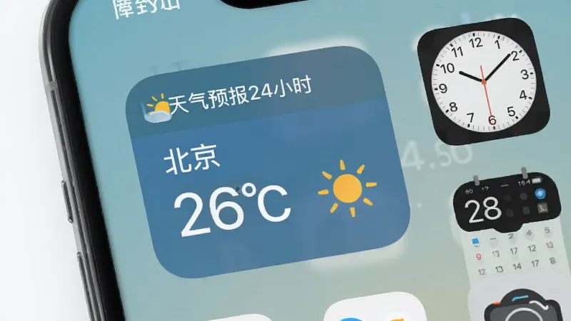 一张手机桌面截图风格图，画面展示“天气预报24小时”的桌面小组件，组件呈圆角矩形，上面有城市名“北京”、当前温度“26℃”和一个小太阳图标，背景是简洁的手机壁纸，旁边排列着日历和时钟小组件，整体布局清爽，风格现代，画质干净，无杂乱图标