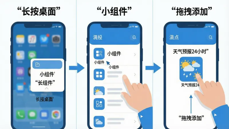 一张手机操作步骤示意图，画面分三格展示添加桌面小组件的流程，第一格是长按桌面空白处弹出菜单，第二格是点击“小组件”图标进入选择列表，第三格是找到“天气预报24小时”小组件并拖到桌面，每格配有简单的箭头指示，风格为扁平化教程插画，配色以蓝白为主，画质干净，文字用引号标注“长按桌面”“小组件”“拖拽添加