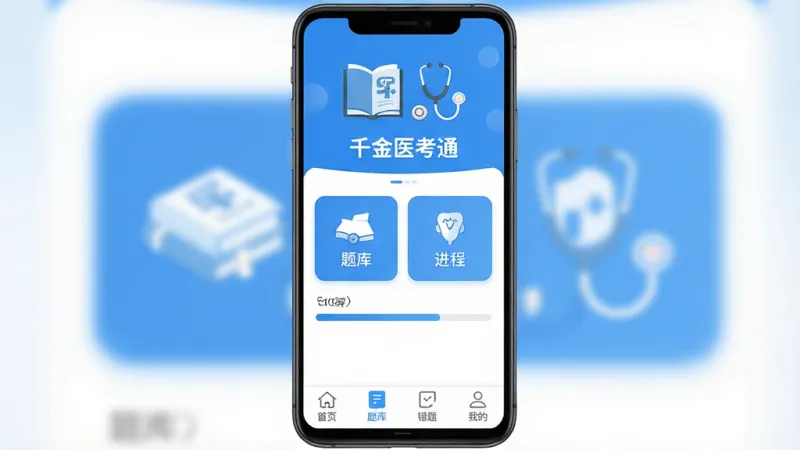 主体为一部竖屏安卓手机，屏幕中央显示“千金医考通”应用主界面，顶部有医学书籍与听诊器图标，中间是题库分类卡片与进度条，底部导航栏为首页、题库、错题、我的四个标签，布局简洁清晰，排版采用居中对称构图，风格为现代扁平化医疗蓝白配色，细节上按钮圆润、图标线条干净，画质高清无噪点、画面干净无多余元素