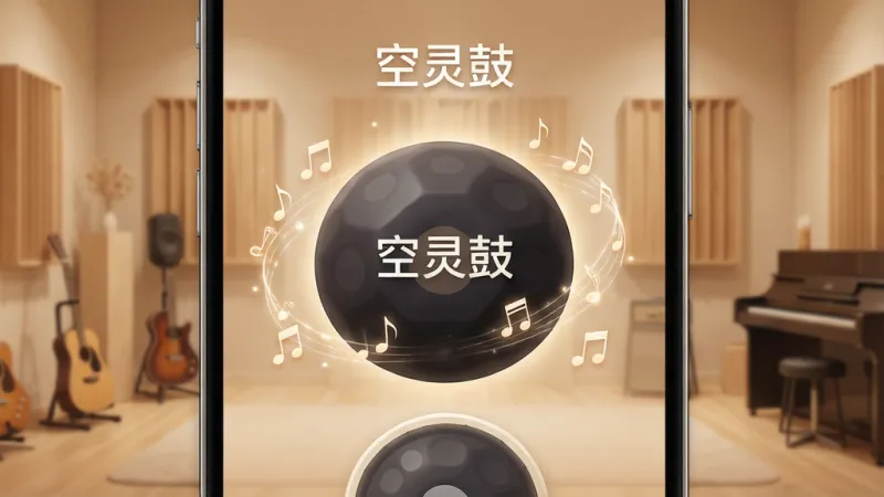 一张展示空灵鼓App核心界面的手机样机图，画面中央是圆润的深色空灵鼓鼓面，鼓面周围有柔和的光晕和音符飘浮效果，背景是暖色调的极简音乐工作室氛围，手机屏幕内显示“空灵鼓”三个字的Logo和鼓面敲击区域，风格清新治愈，细节干净，画质高清无多余元素