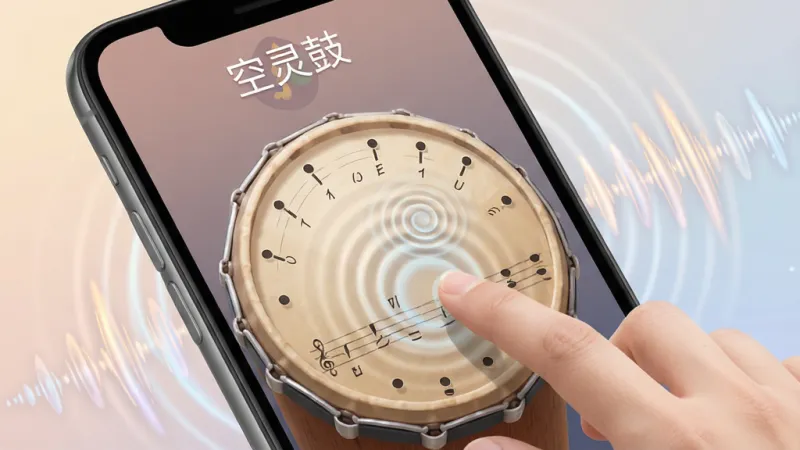 一张空灵鼓App演奏界面的特写图，手机屏幕显示带音阶标记的鼓面，手指正在点击鼓面触发音符涟漪，屏幕上方有“空灵鼓”字样，周围环绕着舒缓的声波纹理，整体色调柔和治愈，布局清晰，画质干净细腻