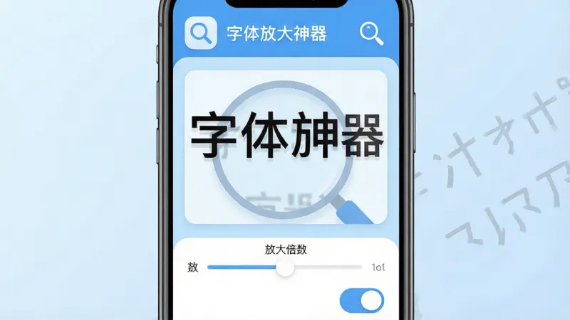 一张手机屏幕显示“字体放大神器”应用界面的图片,主体为手机居中放置,布局采用上下分层,上方是应用标题栏“字体放大神器”与放大镜图标,中间是放大后的文字预览区域,下方是放大倍数滑动条和开关按钮,风格为现代扁平化设计,细节上文字边缘清晰、按钮圆润、背景为淡蓝渐变,画质干净高清、无多余元素